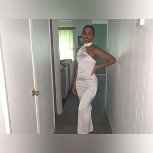 Long white Halter Neck Dress Open Back